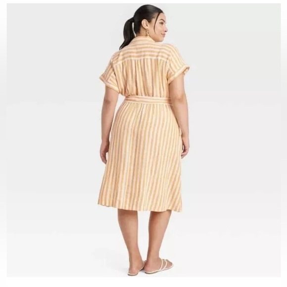 Ava & Viv Women's Short Sleeve Tie Front Midi Shirtdress Yellow White Striped 3X - Picture 3 of 9